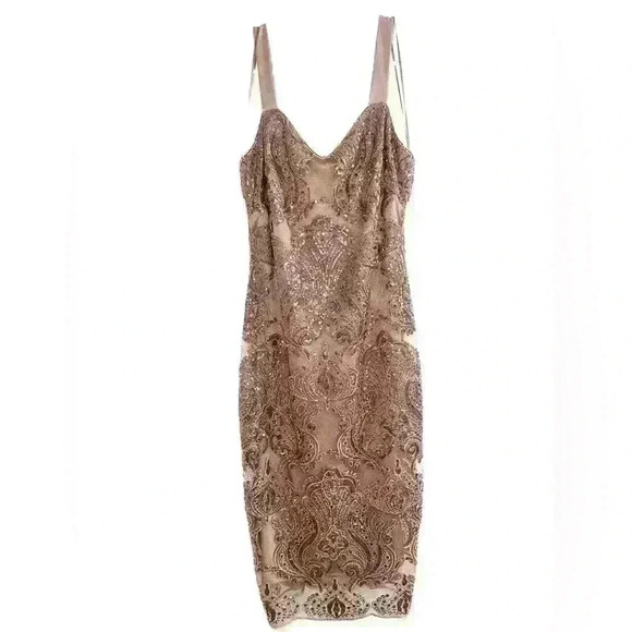 R&M Richard’s Taupe Sheath Dress with Rosegold Sequin Overlay - Picture 1 of 5